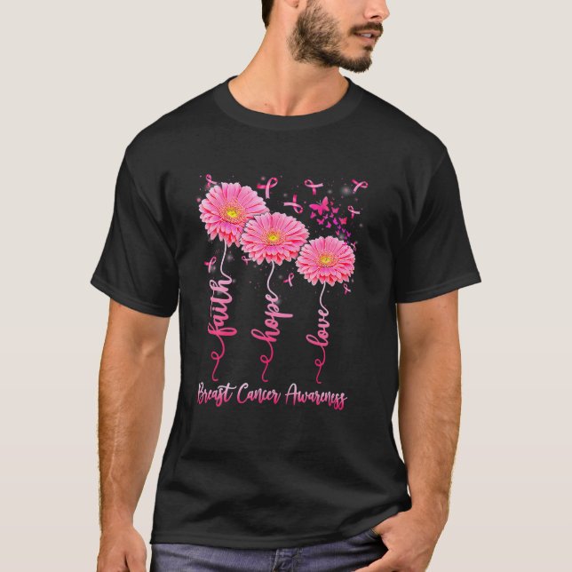 Camiseta Faith Hope ama Flor Rosa Fita Fita Friso Cancer A (Frente)