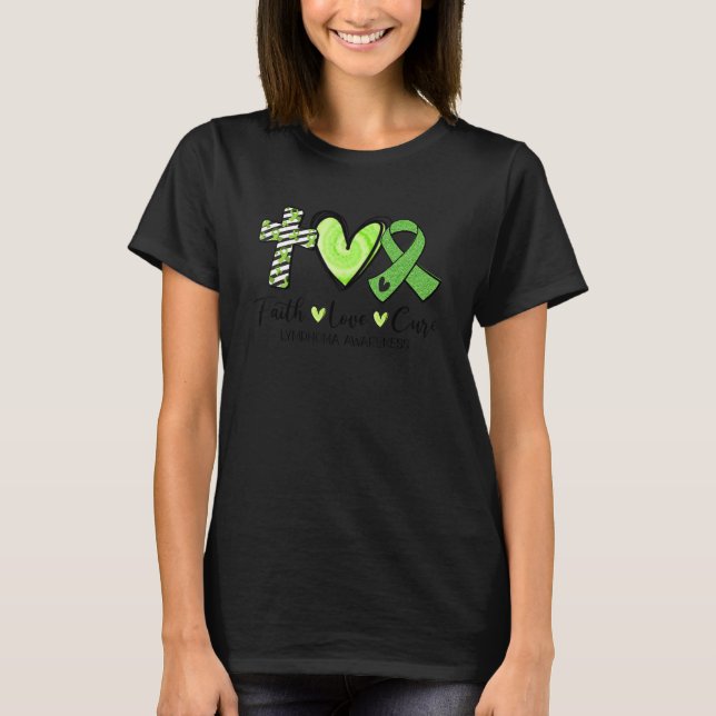 Camiseta Faith Hope Cure Green Ribbon Linfoma Consciência (Frente)