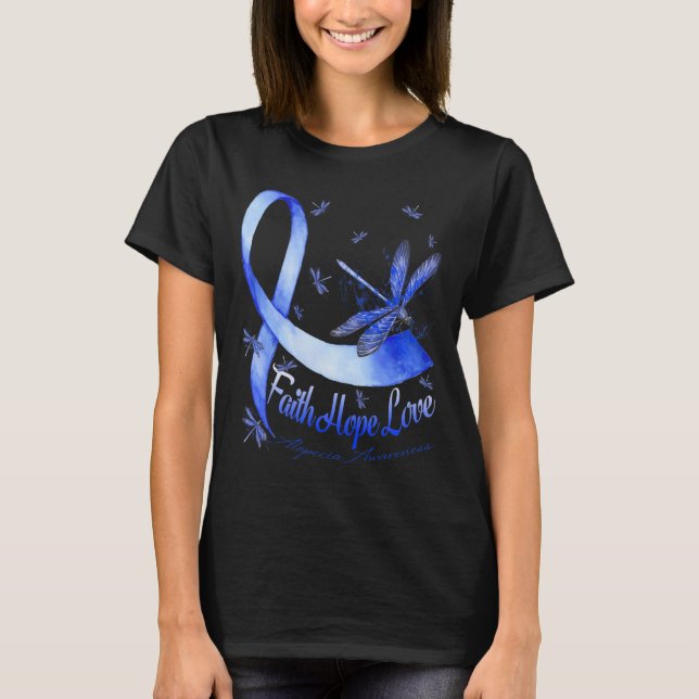 Camiseta Faith Hope Love Alopecia Sensibilização Dragonfly (Frente)