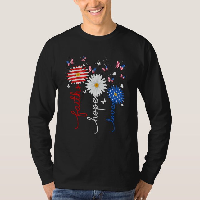 Camiseta Faith Hope Love Butterfly Daisy 4th Of July Christ (Frente)