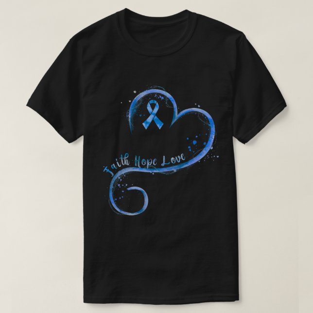 Camiseta Faith Hope Love Dark Blue Ribbon Colon Cancer Awar (Frente do Design)