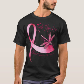 Camiseta Faith Hope Love Dragonfly Pink Ribbon Breve Cance