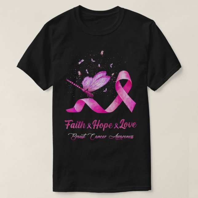 Camiseta Faith Hope Love Dragonfly Ribbon Breve Cancer Awa (Frente do Design)