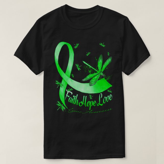 Camiseta Faith Hope Love Lyme Consciência Dragonfly (Frente do Design)