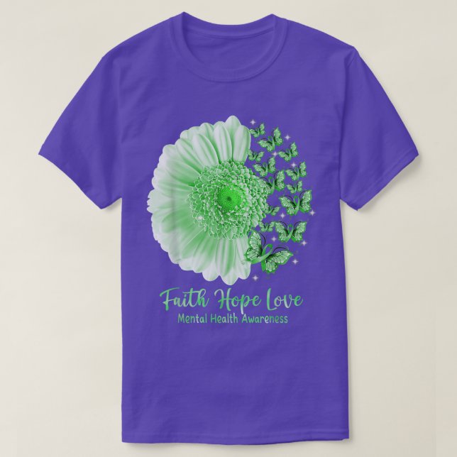 Camiseta Faith Hope Love Sunflower Butterfly Saúde Mental (Frente do Design)