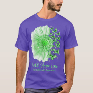 Camiseta Faith Hope Love Sunflower Butterfly Saúde Mental