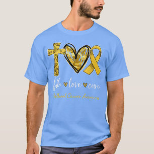 Camiseta Faith Love Cure Dourada Fita Cancer de Infância