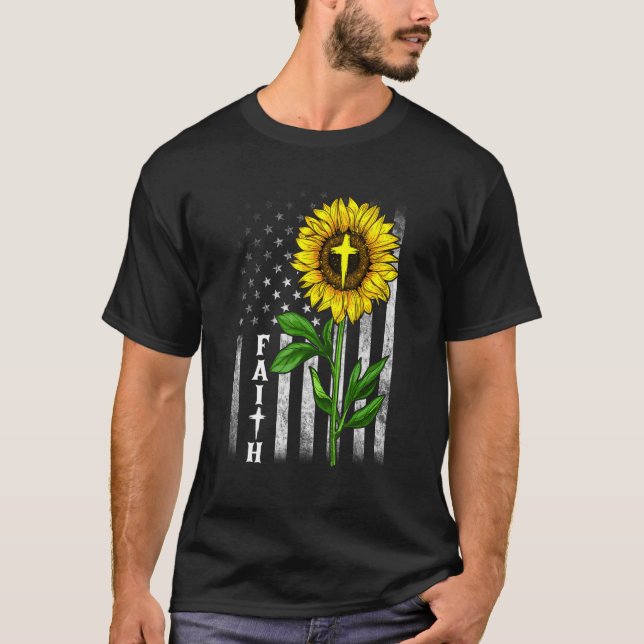 Camiseta Faith Sunflower Usa American Flag Cross Christian (Frente)