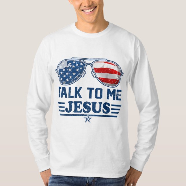 Camiseta Fale comigo Jesus Óculos, bandeira cristã 4 (Frente)
