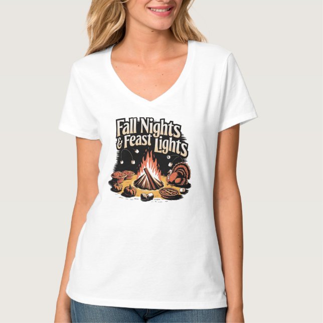 Camiseta Fall Nights and Feast Lights Thanksgiving Campfire (Frente)