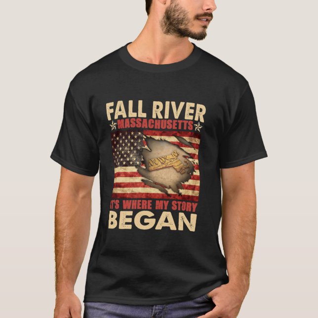 Camiseta Fall River Massachusetts USA Flag 4 De Julho Long (Frente)