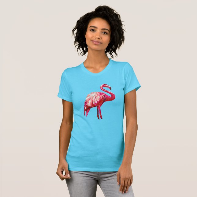 Camiseta Falso Flamingo Tropical de Pássaro Estampado com L (Frente Completa)