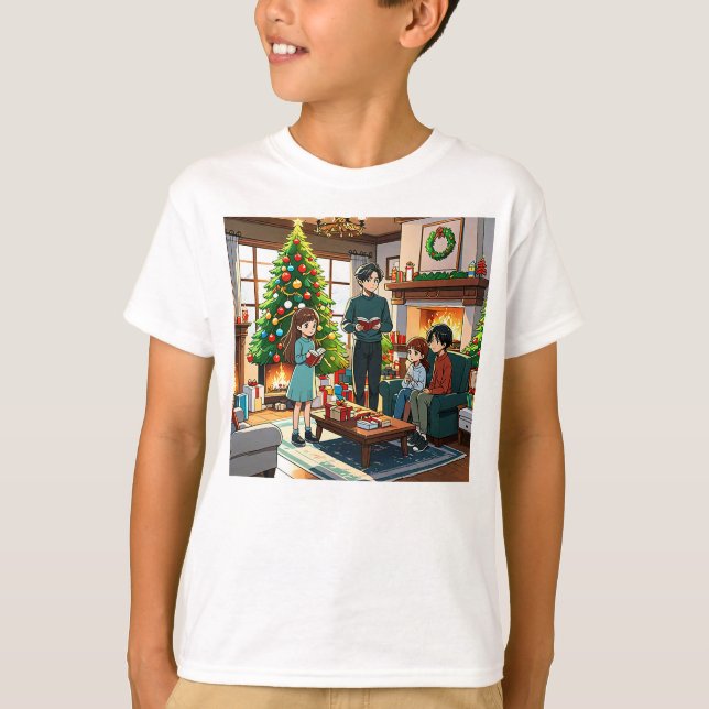 Camiseta Família à volta da lareira no Natal (Frente)