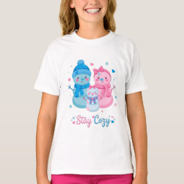 Camiseta Família de Boneco de Neve Aconchegante Laço Rosa A