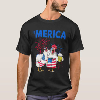 Camiseta Família de Galinhas Bebendo Cerveja com a Bandeira