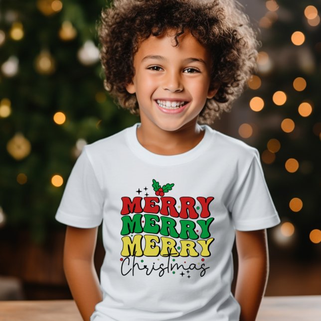 CAMISETA FAMÍLIA DE NATAL DE RETRO FESTIVO (KIDS AND TODDLERS FESTIVE HOLIDAY OUTFIT WITH MERRY MERRY MERRY CHRISTMAS FAMILY MATCHING PIJAMAS)