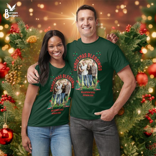 CAMISETA FAMÍLIA DE NATAL REUNION (Christmas Blessings Family Reunion group shirt with custom photo and text. Ideal family pajama gift)
