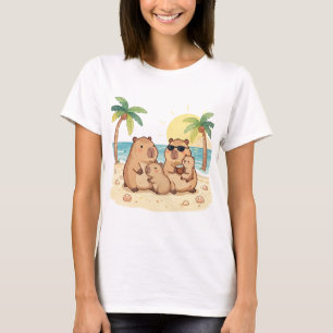 Camiseta Família Feliz de Capivaras Capy na Praia Verão Tro