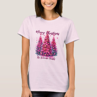 Camiseta Família Personalizada de Árvore de Natal Rosa