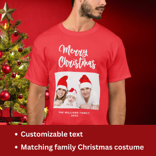 Camiseta Família Vermelha e Branca Foto Nome Feliz Natal