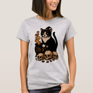 Camiseta Familiar de Bruxa – Gato de Tuxedo e Caldeirão
