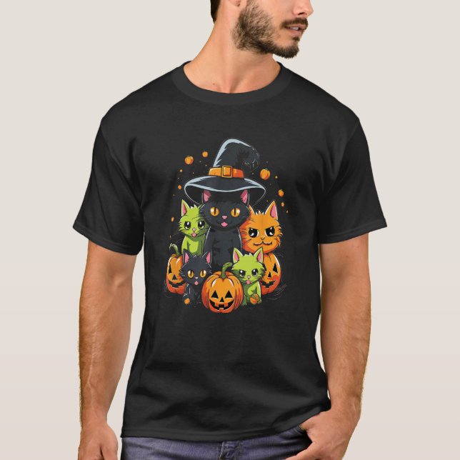 Camiseta Fantasia de Gato Preto Abóbora Lua no Halloween Am (Frente)