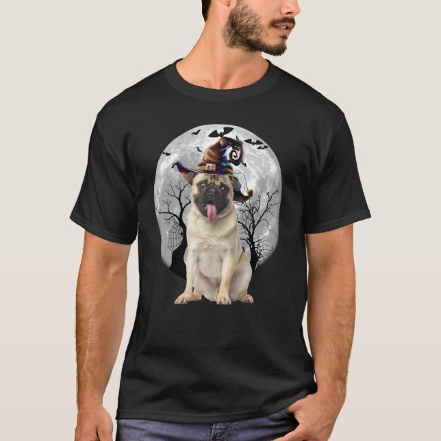 Camiseta Fantasia de Halloween do Pug Cachorro Lua Assustad (Frente)