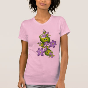 Camiseta Fantasia Floral Flores Lilás Formas Verdes Fractal
