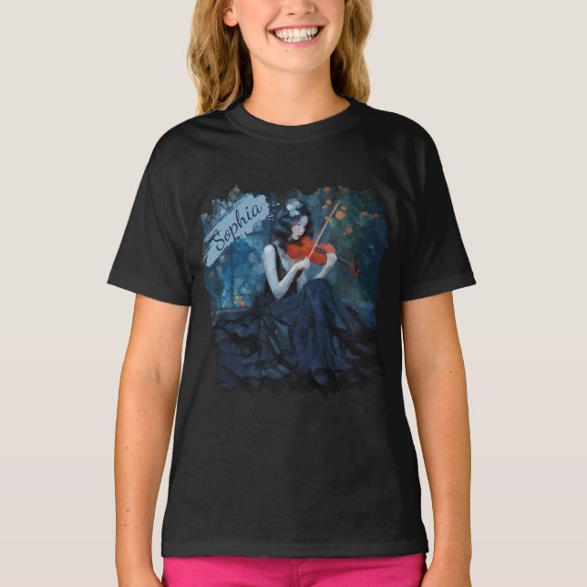 Camiseta Fantasia Gótica Violinista Escuro no Jardim da Lua (Frente)