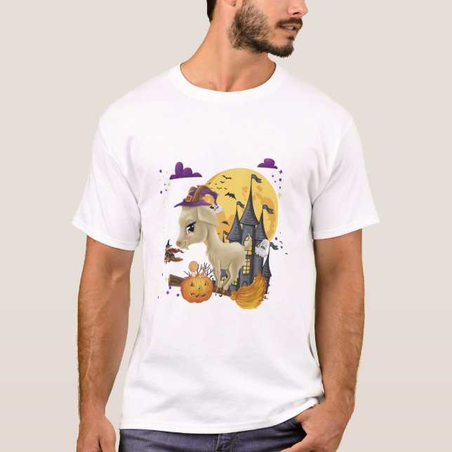 Camiseta Fantasias de Halloween de Bruxa de Cabra com Vasso (Frente)