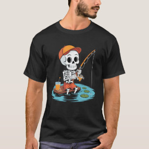 Camiseta Fantasias de Halloween de Esqueleto Pescando Roupa