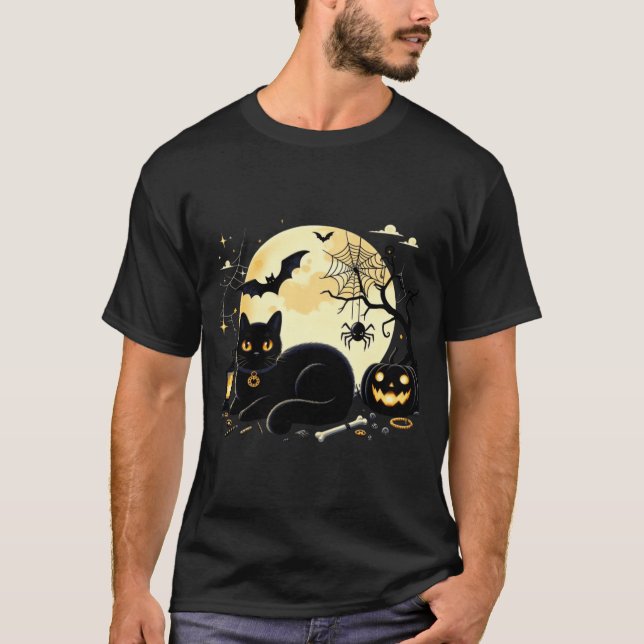 Camiseta Fantasioso Traje de Gato de Halloween Gato Abóbora (Frente)