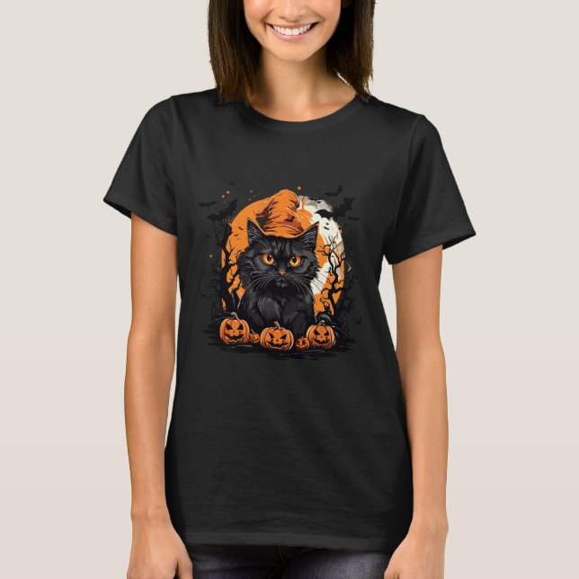 Camiseta Fantasioso Traje de Gato de Halloween Gato Abóbora (Frente)