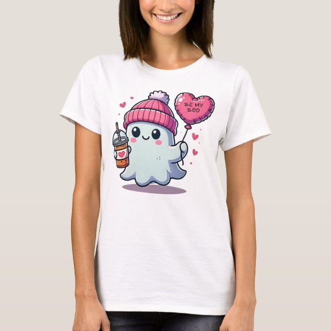 Camiseta Fantasma Adorável com Balão do Coração - Seja Meu  (Frente)