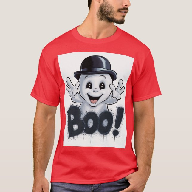 Camiseta Fantasma Adorável com Chapéu de Bowler e BOO! Graf (Frente)