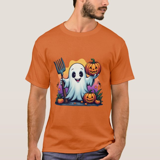 Camiseta Fantasma Adorável com Pitchfork e Pumpkins Hallowe (Frente)