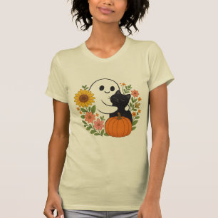 Camiseta Fantasma Adorável e Gato Negro Queda Halloween