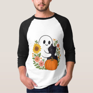 Camiseta Fantasma Adorável e Gato Negro Queda Halloween
