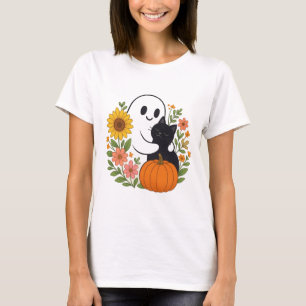 Camiseta Fantasma Adorável e Gato Negro Queda Halloween