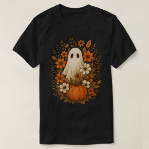Camiseta Fantasma Assustador Rodeado por Florais de Outono