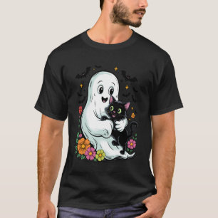 Camiseta Fantasma Assustador Segurando Gato Preto Engraçado