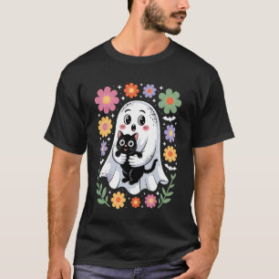 Camiseta Fantasma Assustador Segurando Gato Preto Floral Gr