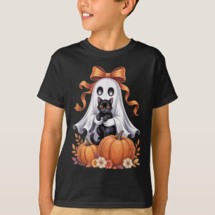 Camiseta Fantasma Assustador Segurando Gato Preto Floral Gr