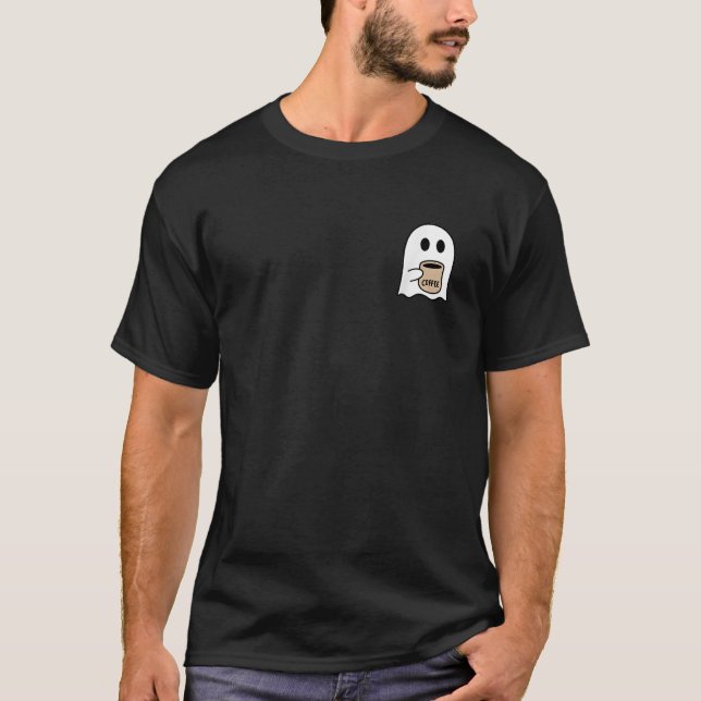 Camiseta Fantasma Bebendo Café Roupa de Halloween Engraçada (Frente)