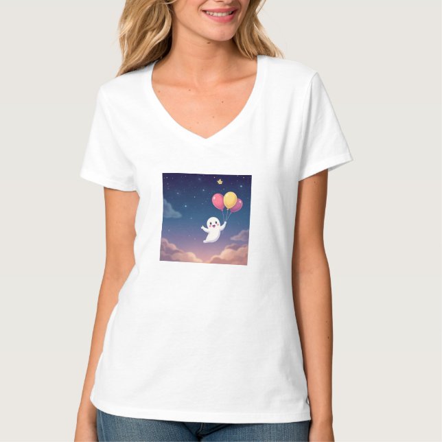 Camiseta Fantasma Bestial Voando com Balões Coloridos (Frente)