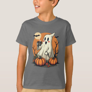 Camiseta Fantasma Bonita com Café e Halloween de Pumpkins