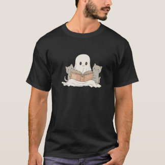 Camiseta Fantasma Bonita com Gatos Lendo Livro Gato Lover L