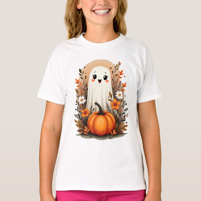 Camiseta Fantasma Bonita com Presente de outono de Pumpkins (Frente)