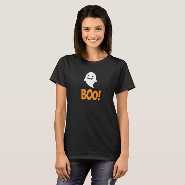 Camiseta Fantasma Bonita do Halloween dizendo Boo! (Frente Completa)