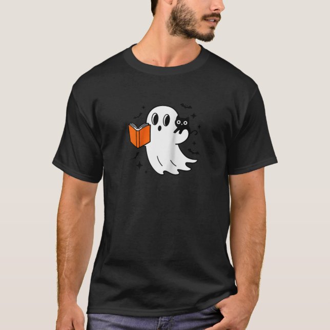 Camiseta Fantasma Bonita do Halloween Lendo um Livro com Ga (Frente)